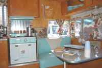 Pictures of vintage Shasta Trailer interiors, appliances, upholstery and accessories